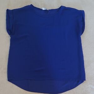 Poetry Blue Blouse L Sheer Chiffon Hi Low Hem Cap Sleeve Boho Career Top Chic